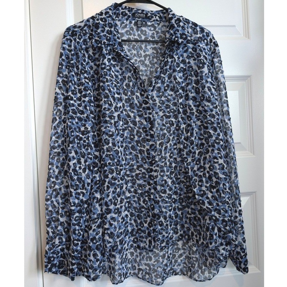 Jones New York Blue Leopard Print Sheer Button Down Shirt